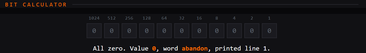 Eleven bit buttons being switched on and off, with the running total and the BIP-39 word it selects updating underneath.