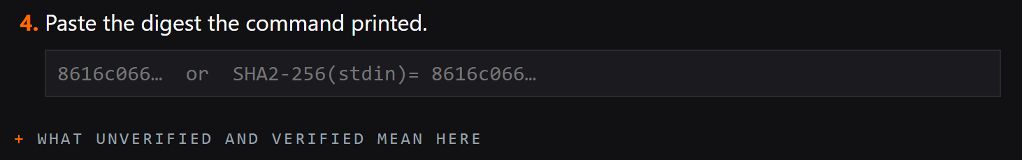 A digest pasted from a terminal into the page's check field, which switches from unverified to a match against the digest the page computed.